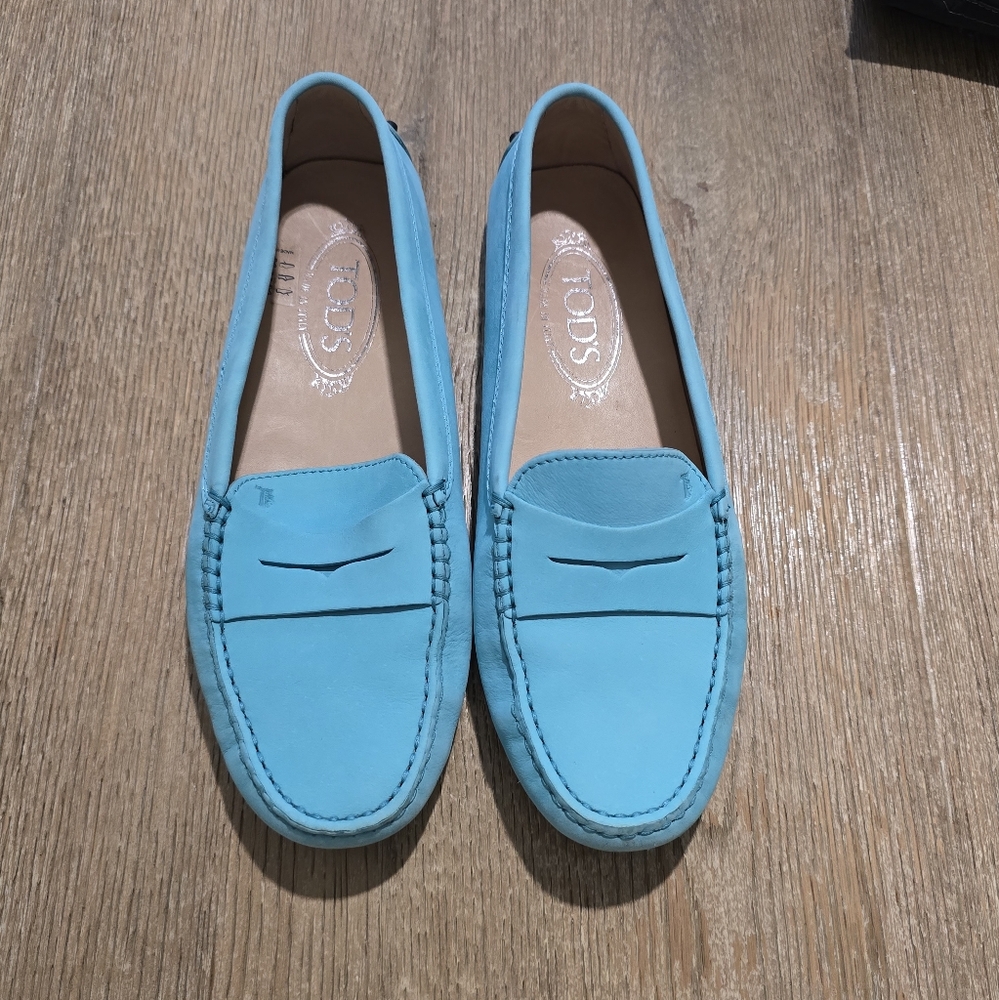 Tod's Women's Gommino Turquoise Suede Slip On Driving Loafers Preppy Sz 38